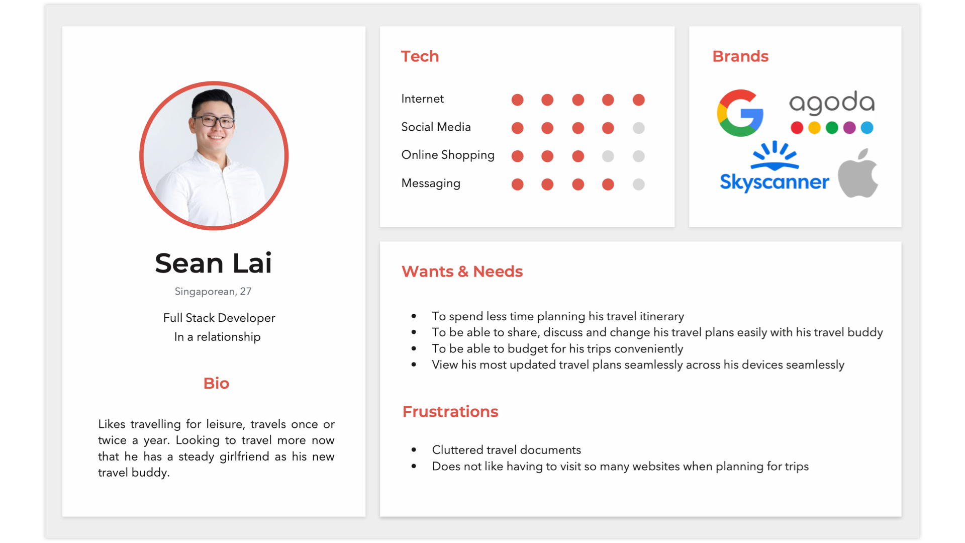 User Persona summarising user needs and frustrations of a typical user using the platform for travel planning