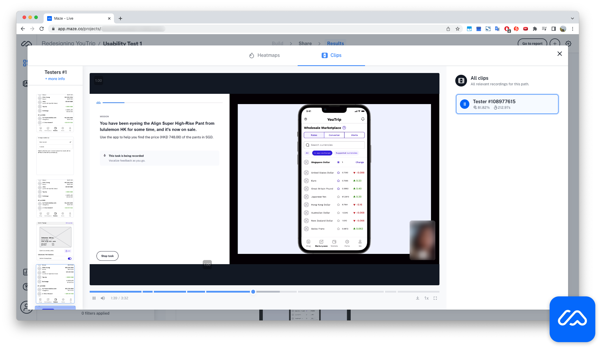 Screenshot of Usability Testing done on Maze